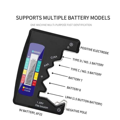 Universell batteritester for C/AAA/D/N/9V/6F22/1.55V