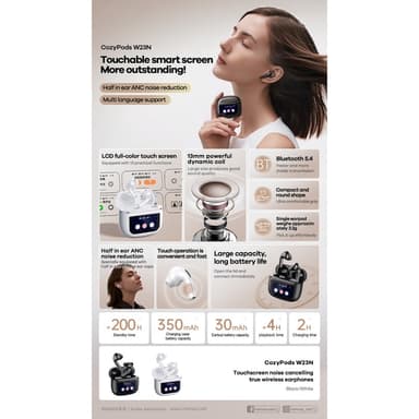 REMAX Cozypods True Wireless Earbuds Touch Screen ANC støyreduserende Bluetooth-hodetelefoner - Hvit