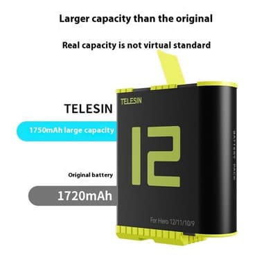 Batteri til GoPro Hero 12/11/10/9 Action kamera 1750mAh erstatningsbatteri