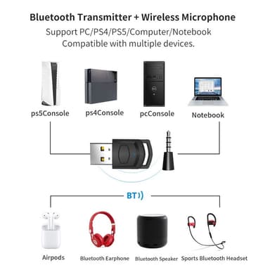 For Sony PS5 PS4 PC-hodetelefoner Bluetooth USB 3.5 mm lydsender trådløs mottaker