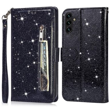 For Samsung Galaxy A56 5G Stående Glitterdeksel med Glidelåslomme - Black