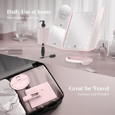 3-sidig sammenleggbar sminkespeil dimbar lys 22LED bordspeil speil - rosa