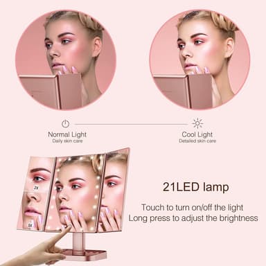 3-sidig sammenleggbar sminkespeil dimbar lys 22LED bordspeil speil - rosa