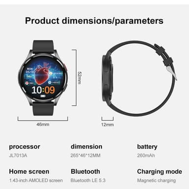 1,43-tommers AMOLED-skjerm Smartklokke – EKG, Pulsmåler, Bluetooth-samtaler – Svart