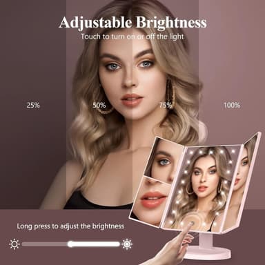 3-sidig sammenleggbar sminkespeil dimbar lys 22LED bordspeil speil - rosa