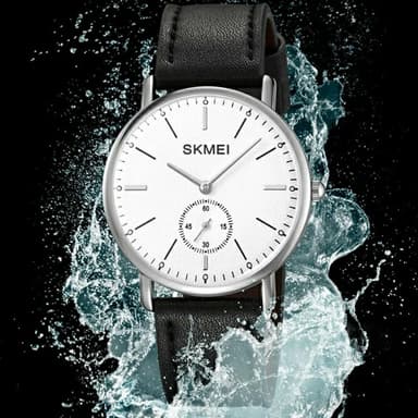 SKMEI armbåndsur lærrem rund kvarts klokke - svart