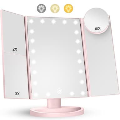 3-sidig sammenleggbar sminkespeil dimbar lys 22LED bordspeil speil - rosa