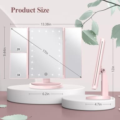 3-sidig sammenleggbar sminkespeil dimbar lys 22LED bordspeil speil - rosa