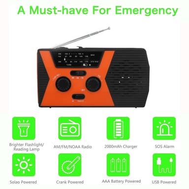 Solværssending NOAA/AM/FM-radio med håndsveiv hodetelefonutgang Leselys 2000mAh Power Bank