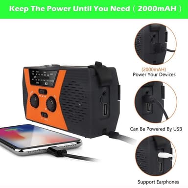 Solværssending NOAA/AM/FM-radio med håndsveiv hodetelefonutgang Leselys 2000mAh Power Bank