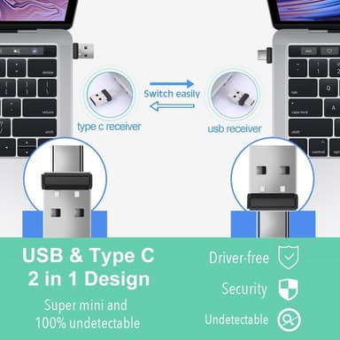 2 i 1 USB USB-C Mouse Jiggler Mouse Mover driverfri holder datamaskinen aktiv