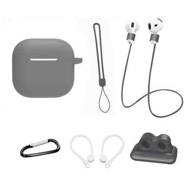 For AirPods 4 6 i 1 tilbehør Veske Stroppholder Ørekroker Halsstropp Nøkkelring - Grå