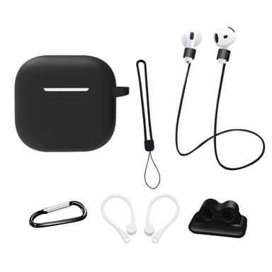 For AirPods 4 6 i 1 tilbehør Veske Stroppholder Ørekroker Halsstropp Nøkkelring - Svart