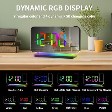 Speilskjerm digital vekkerklokke justerbar lysstyrke dynamisk farge - svart