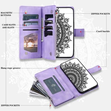 For Samsung Galaxy A56 Lommebok Deksel Shell Mandala Blomstermønster - Lilla