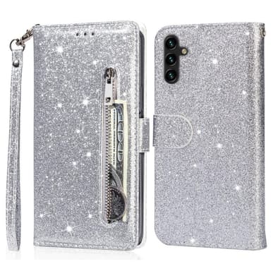 For Samsung Galaxy A56 5G Stående Glitterdeksel med Glidelåslomme - Sølv
