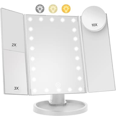 3-sidig sammenleggbar sminkespeil dimbar lys 22LED bordspeil speil - hvit