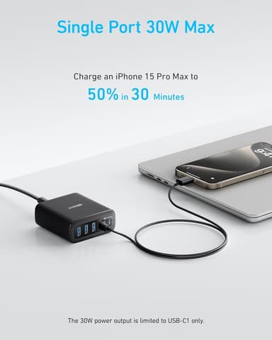 Anker USB-C og USB-A-lader, 112W Max 6-port ladestasjon
