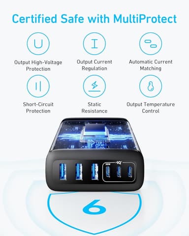 Anker USB-C og USB-A-lader, 112W Max 6-port ladestasjon