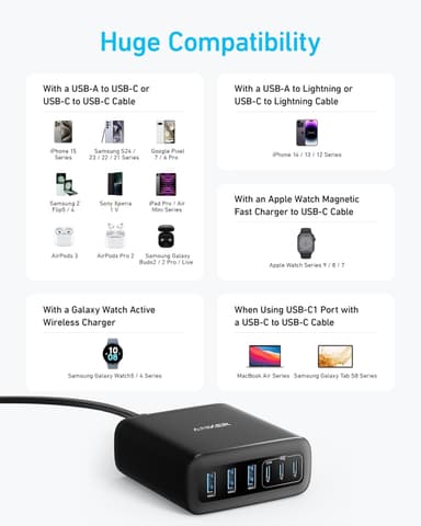 Anker USB-C og USB-A-lader, 112W Max 6-port ladestasjon