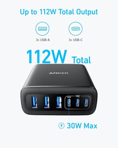 Anker USB-C og USB-A-lader, 112W Max 6-port ladestasjon
