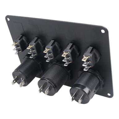 Strømbryterpanel - 5 brytere, voltmeter, 2 USB-strømuttak Svart + Grønn
