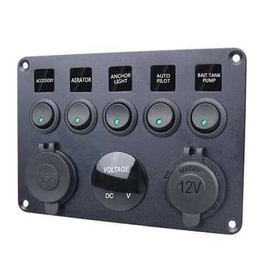 Strømbryterpanel - 5 brytere, voltmeter, 2 USB-strømuttak Svart + Grønn