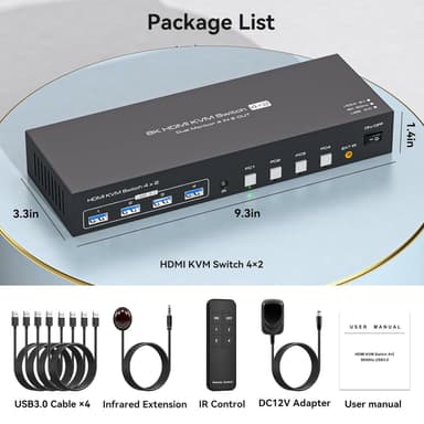 NÖRDIC KVM 4x2 HDMI Switch 4PC til Dobbelt Skjerm HDMI 8K60Hz med 1x3.5mm og 4xUSB-A