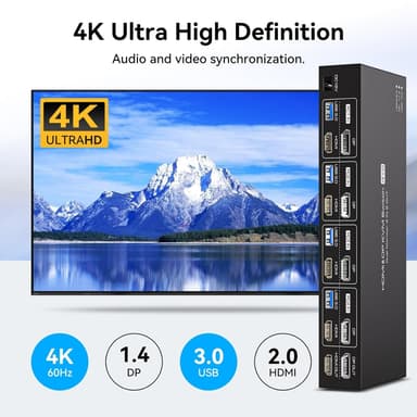 NÖRDIC KVM 4x2 Switch 4PC til Dobbel Skjerm HDMI & DP 8K60Hz med 1x3.5mm og 4xUSB-A