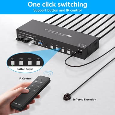 NÖRDIC KVM 4x2 Switch 4PC til Dobbel Skjerm HDMI & DP 8K60Hz med 1x3.5mm og 4xUSB-A