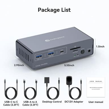 NÖRDIC USB-C Dokkingstasjon med KVM-bryter 2 PC-er 2 skjermer 4K120Hz DP Gigabit Ethernet, kortleser, 4xUSB-A og USB-C