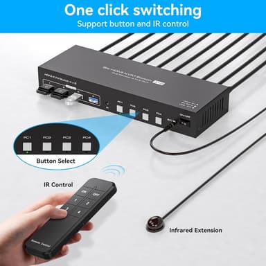 NÖRDIC KVM 4x2 HDMI Switch 4PC til Dobbelt Skjerm HDMI 8K60Hz med 1x3.5mm og 4xUSB-A