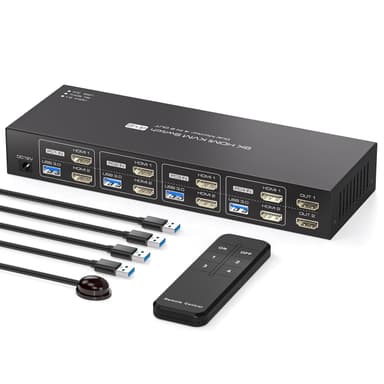 NÖRDIC KVM 4x2 HDMI Switch 4PC til Dobbelt Skjerm HDMI 8K60Hz med 1x3.5mm og 4xUSB-A