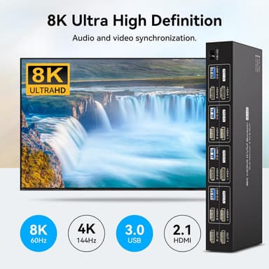 NÖRDIC KVM 4x2 HDMI Switch 4PC til Dobbelt Skjerm HDMI 8K60Hz med 1x3.5mm og 4xUSB-A