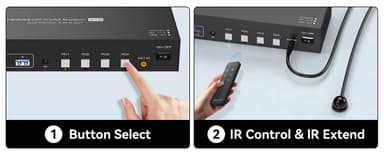 NÖRDIC KVM 4x2 Switch 4PC til Dobbel Skjerm HDMI & DP 8K60Hz med 1x3.5mm og 4xUSB-A