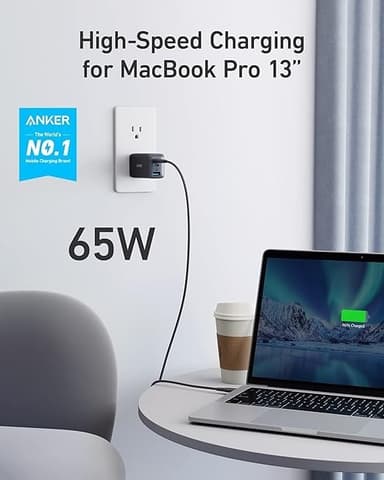 Anker 735 Lader GaNPrime 65W 1x USB-A 2x USB-C strømadapter