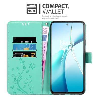 OnePlus Nord CE4 Lite lommebokdeksel Blomster (Turkis)