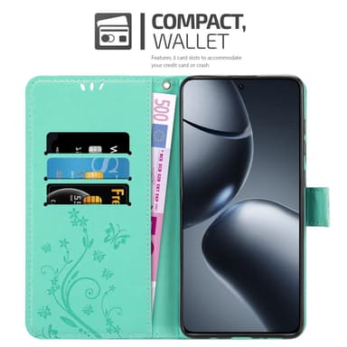 Xiaomi 14T Pro lommebokdeksel Blomster (Turkis)