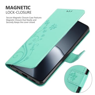 Xiaomi 14T Pro lommebokdeksel Blomster (Turkis)