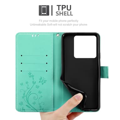 Xiaomi 14T Pro lommebokdeksel Blomster (Turkis)