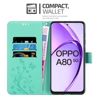Oppo A80 lommebokdeksel Blomster (Turkis)