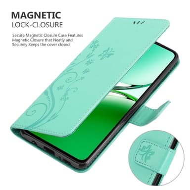 Oppo Reno 12 FS lommebokdeksel Blomster (Turkis)