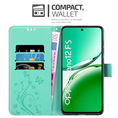 Oppo Reno 12 FS lommebokdeksel Blomster (Turkis)