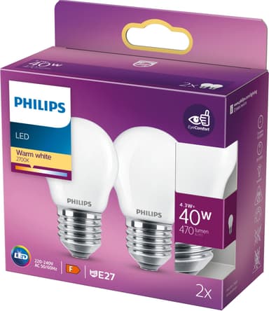 Philips Classic P45 LED pære 4W E27 (2 pk) (varmhvit)