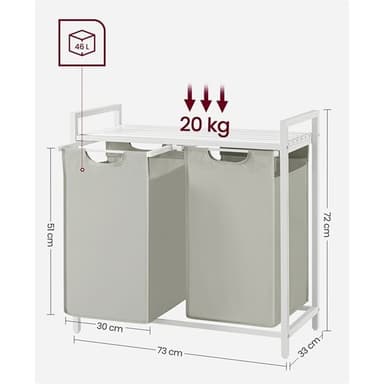 Klesvaskkurv med 2 rom og hylle - 92 liter - Hvit