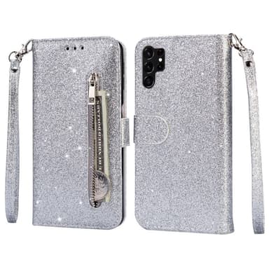 For Samsung Galaxy S25 Ultra Stående Glitterdeksel med Glidelåslomme - Sølv