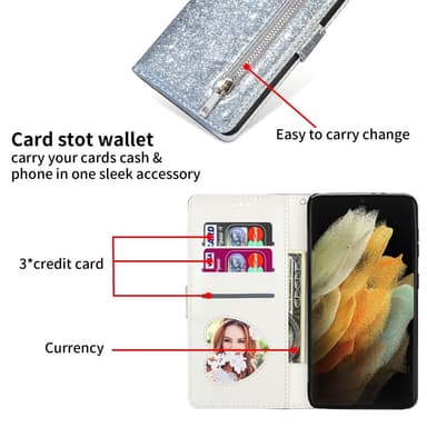 For Samsung Galaxy S25 Ultra Stående Glitterdeksel med Glidelåslomme - Sølv
