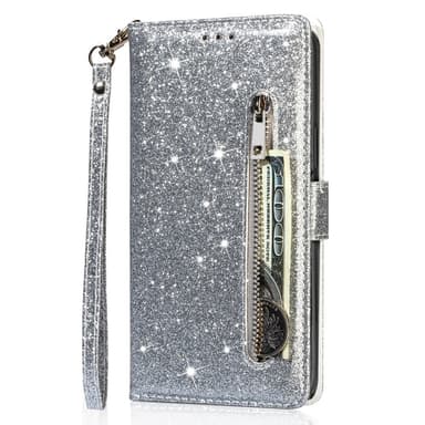 For Samsung Galaxy S25 Ultra Stående Glitterdeksel med Glidelåslomme - Sølv