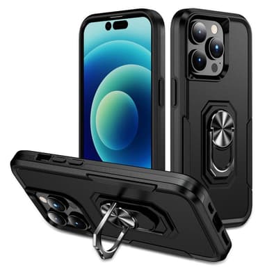 iPhone 14 Pro Hybrid Deksel Med Fingerring & Metallplate - Svart