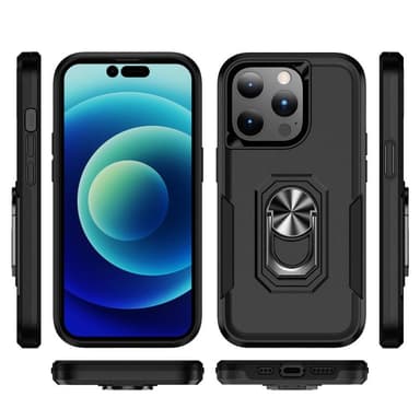 iPhone 14 Pro Hybrid Deksel Med Fingerring & Metallplate - Svart
